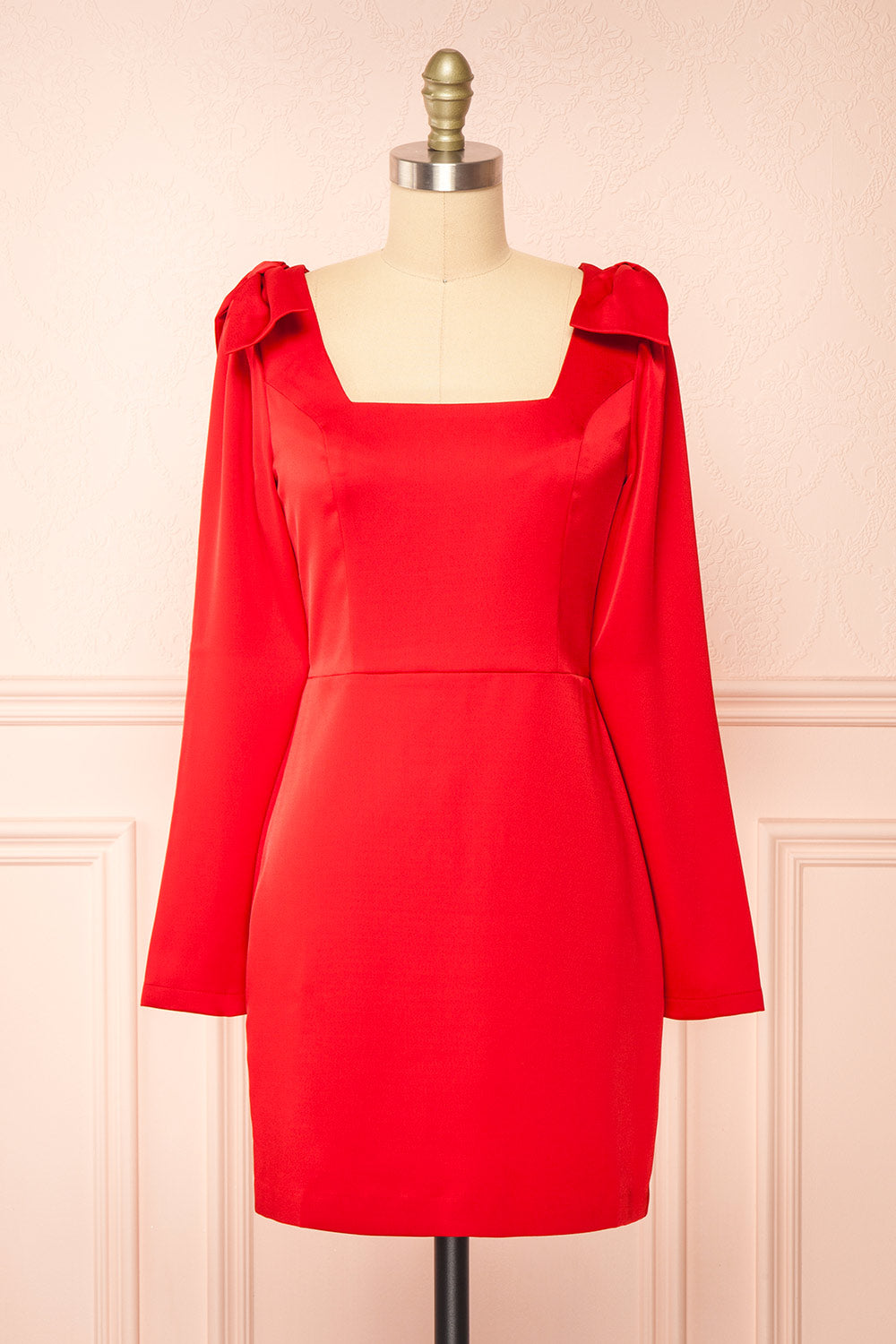 Isalie Short Silky Red Dress w/ Bows | Boutique 1861 front view