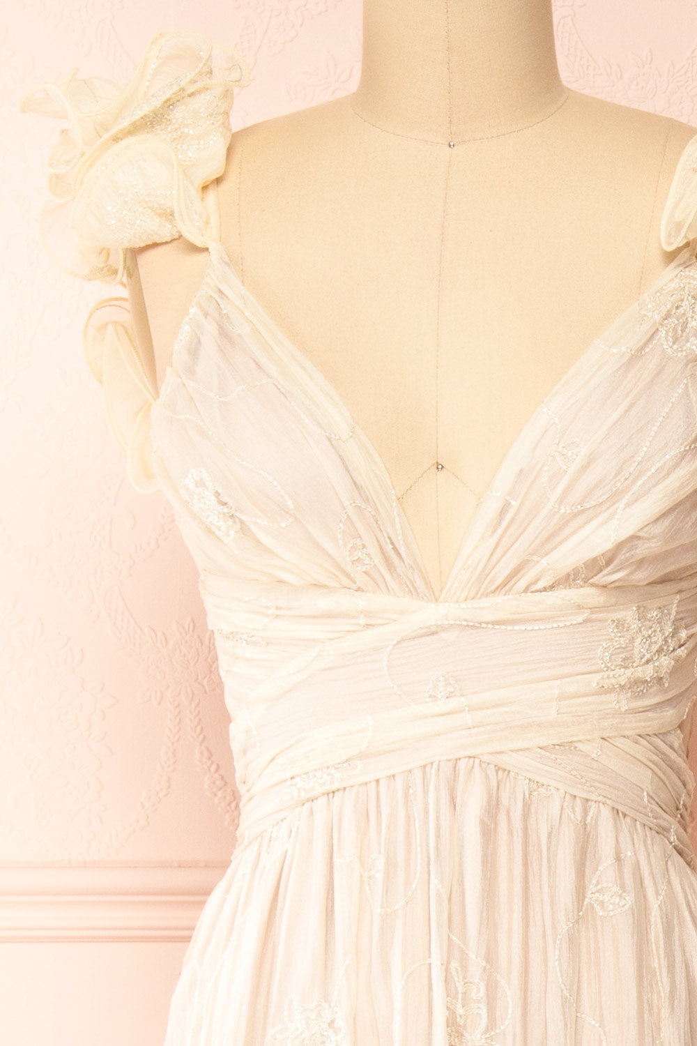 Isandra Long Embroidered Beige Dress w/ Ruffled Straps | Boutique 1861 front close-up