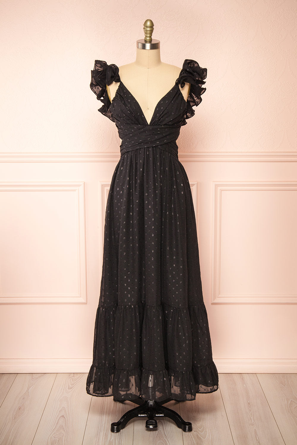 Isandrine Long Black Dress w/ Dots & Ruffles | Boutique 1861 Isandrine Long Black Dress w/ Dots & Ruffles | Boutique 1861