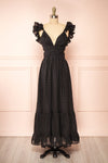 Isandrine Long Black Dress w/ Dots & Ruffles | Boutique 1861 front close-up