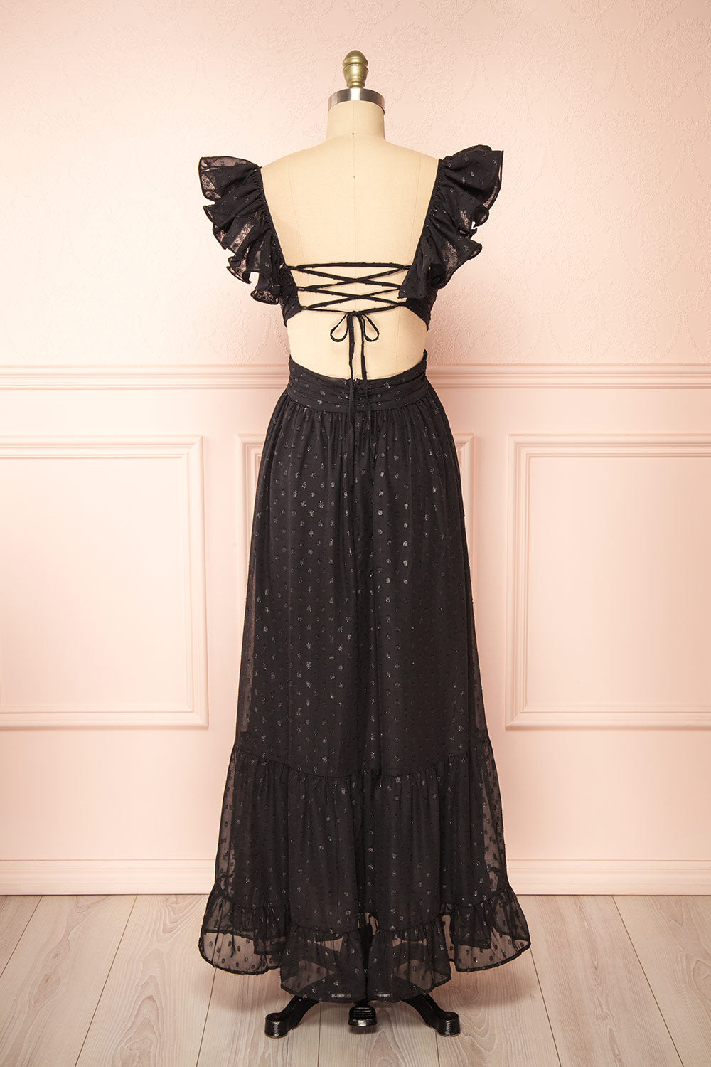 Isandrine Long Black Dress w/ Dots & Ruffles | Boutique 1861 back view