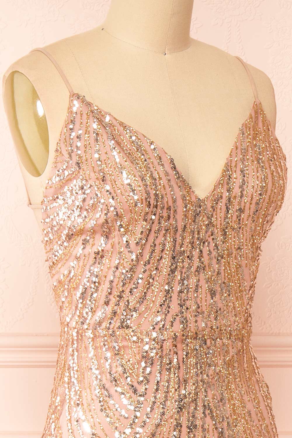 Isolina Rosegold Sparkly Sequin Maxi Dress | Boutique 1861 side close-up