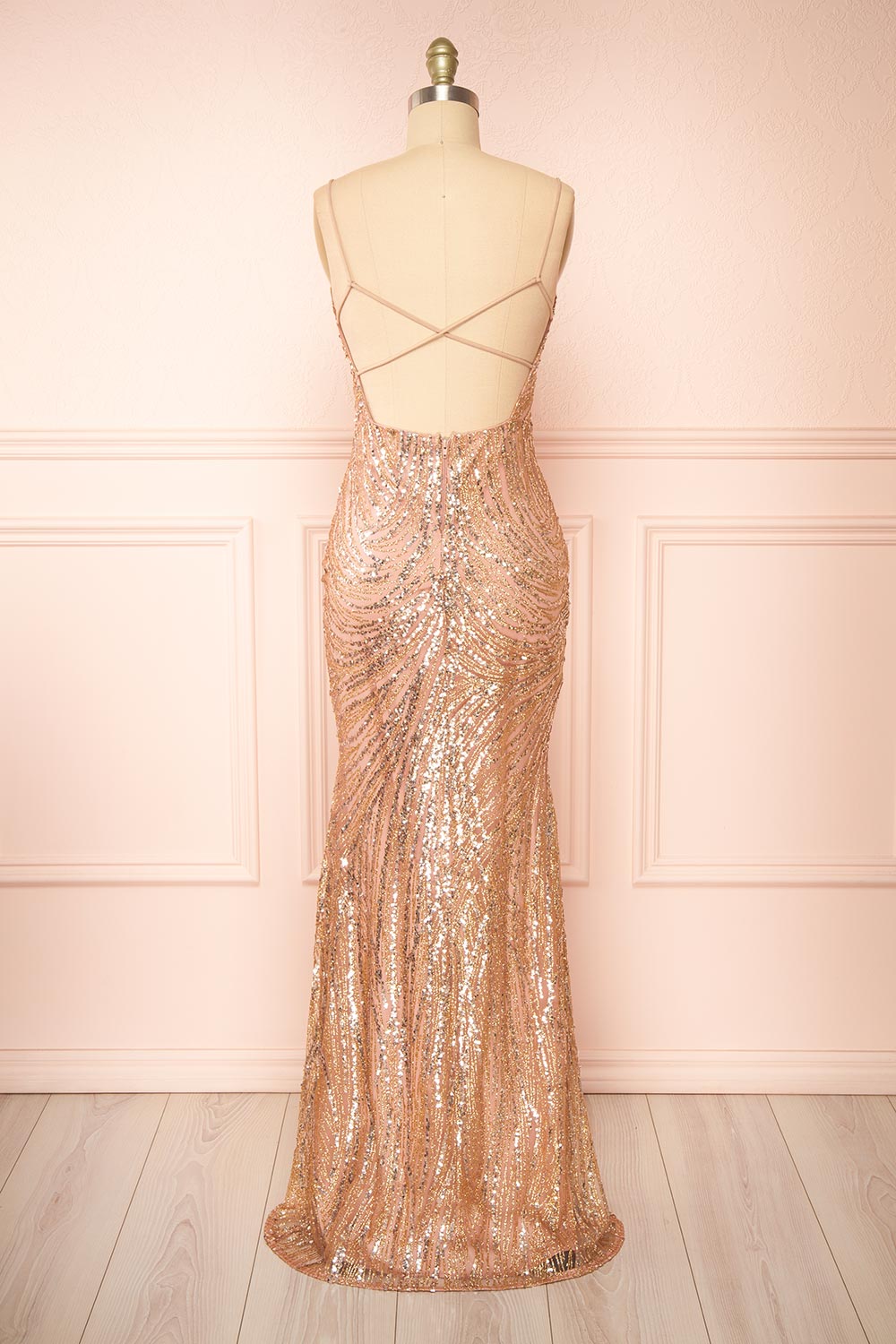 Isolina Rosegold Sparkly Sequin Maxi Dress | Boutique 1861 back view