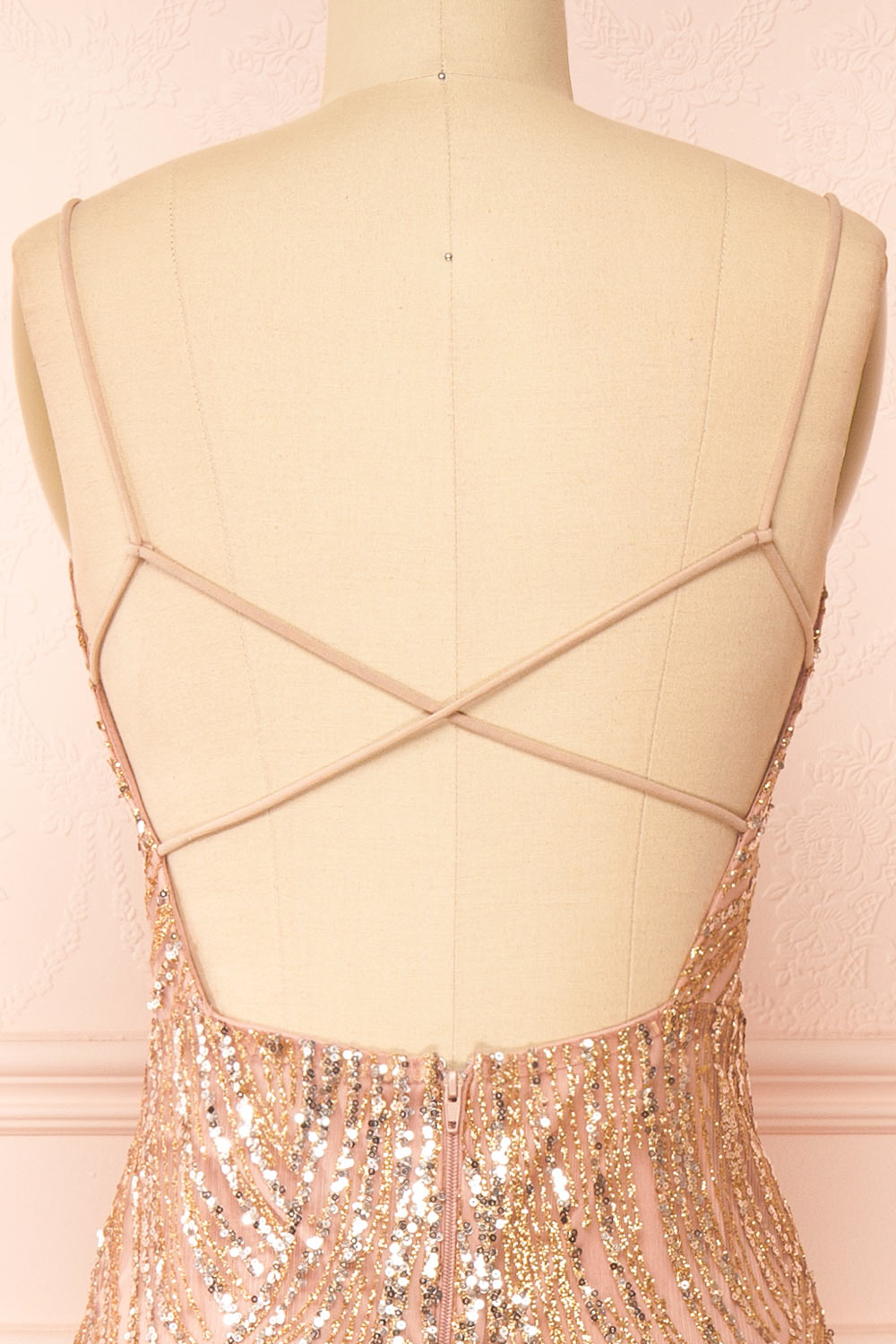 Isolina Rosegold Sparkly Sequin Maxi Dress | Boutique 1861 back close-up