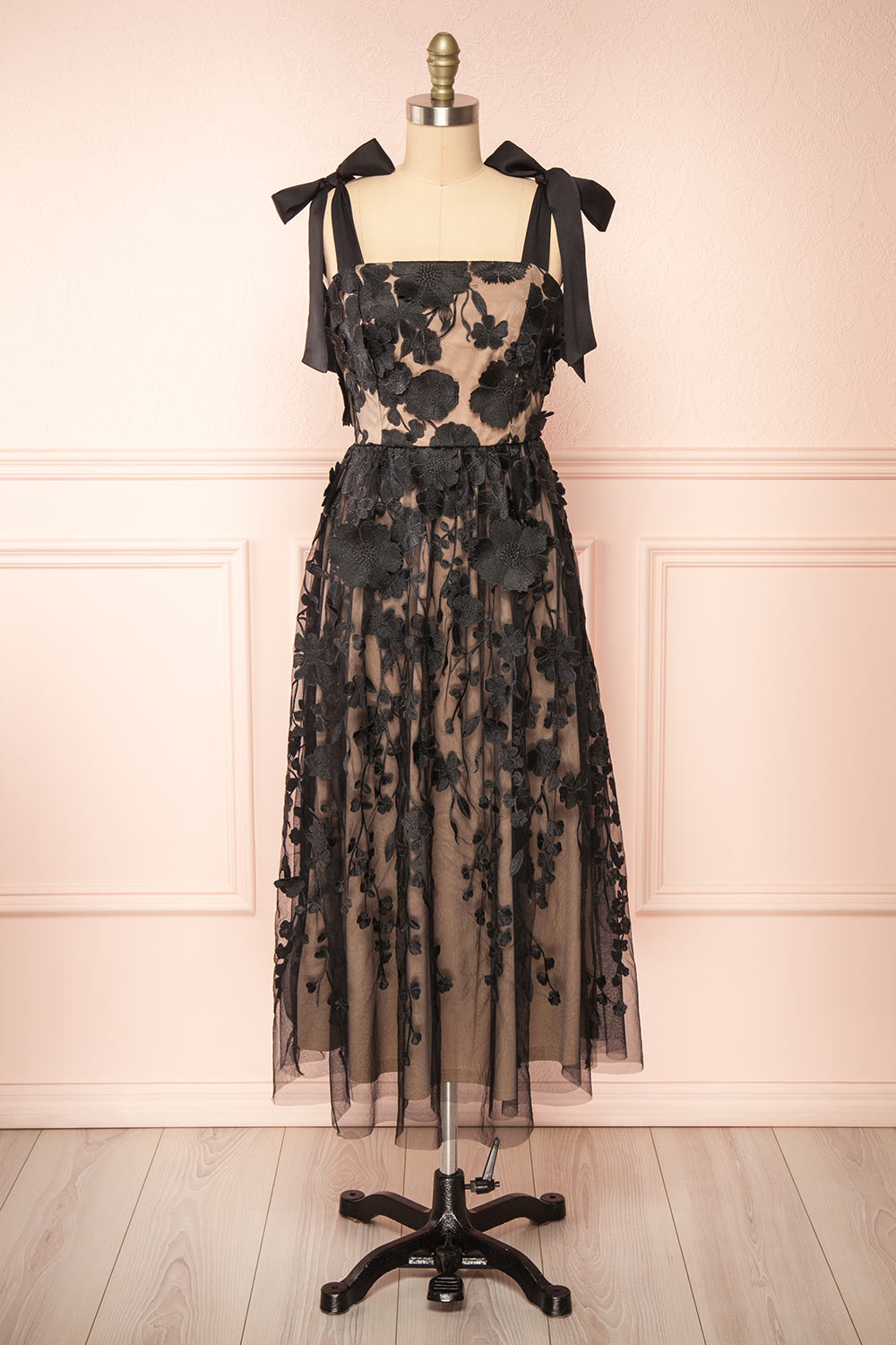 Isolt | Beige Midi Dress w/ Black Floral Lace Isolt | Beige Midi Dress w/ Black Floral Lace