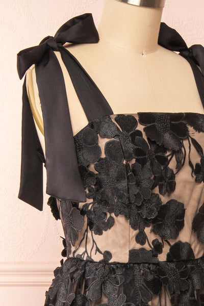 Isolt Beige Midi Dress w/ Black Floral Lace | Boutique 1861  side close-up
