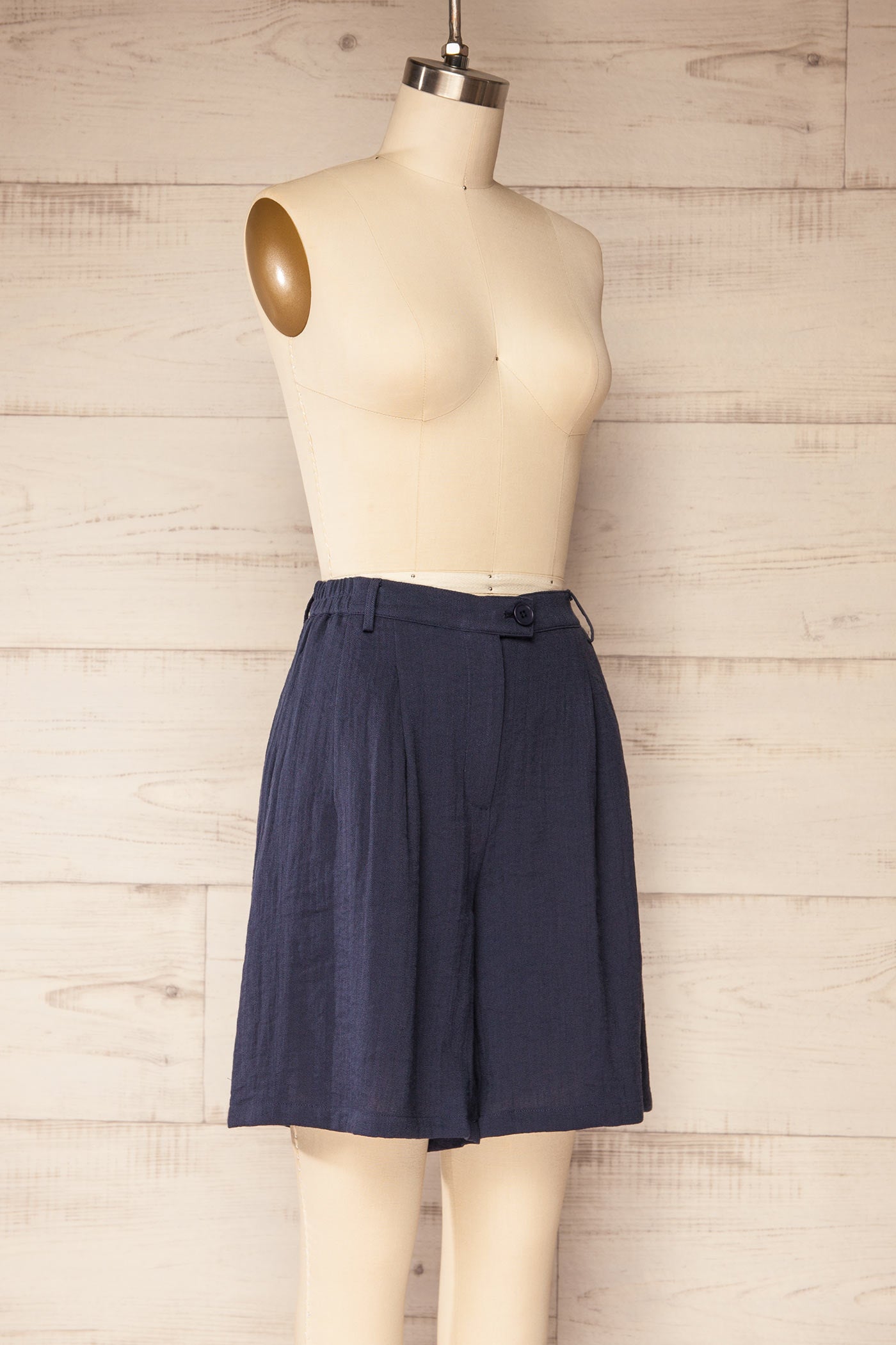 Sideview Itarsi Navy High-Waisted Shorts with Elastic Waist and Pockets at la petite garçonne