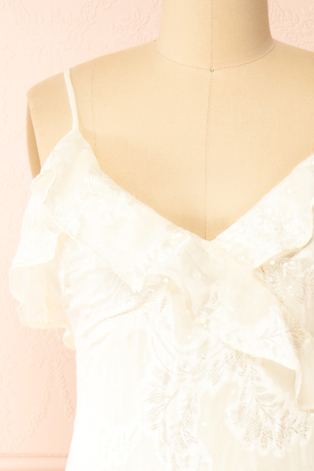 Ixilda Long Ivory Floral Dress w/ Ruffles | Boutique 1861 front