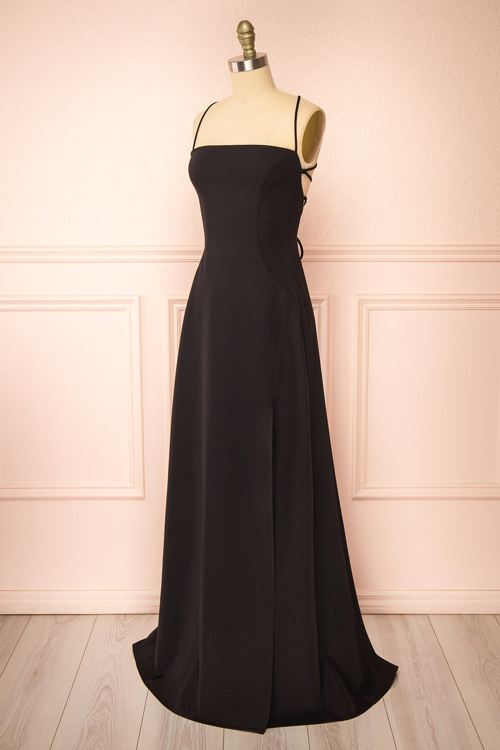 Izabella Black A-line Maxi Dress w/ Open Back | Boudoir 1861 side view