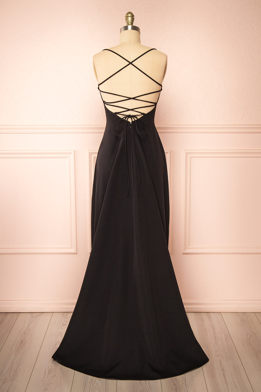 Izabella Black A-line Maxi Dress w/ Open Back | Boudoir 1861 back view