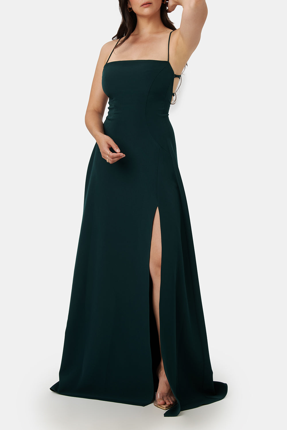 Izabella Green A-line Maxi Dress w/ Open Back | Boudoir 1861 front on model