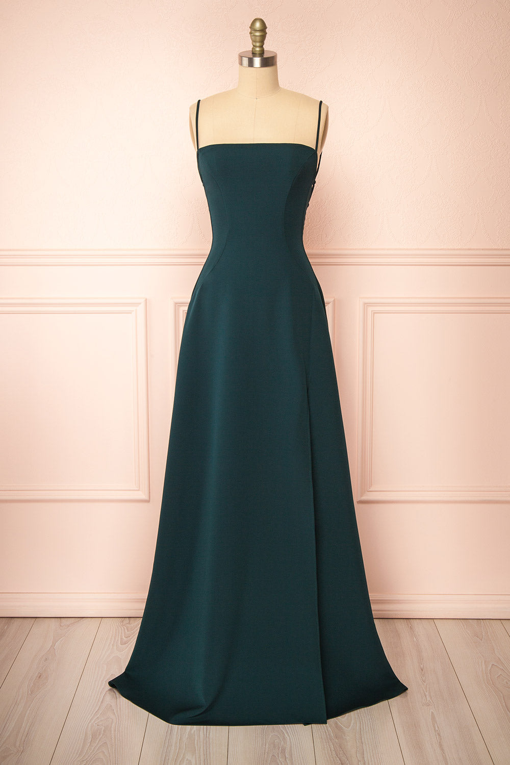 Izabella Green A-line Maxi Dress w/ Open Back | Boudoir 1861 front view