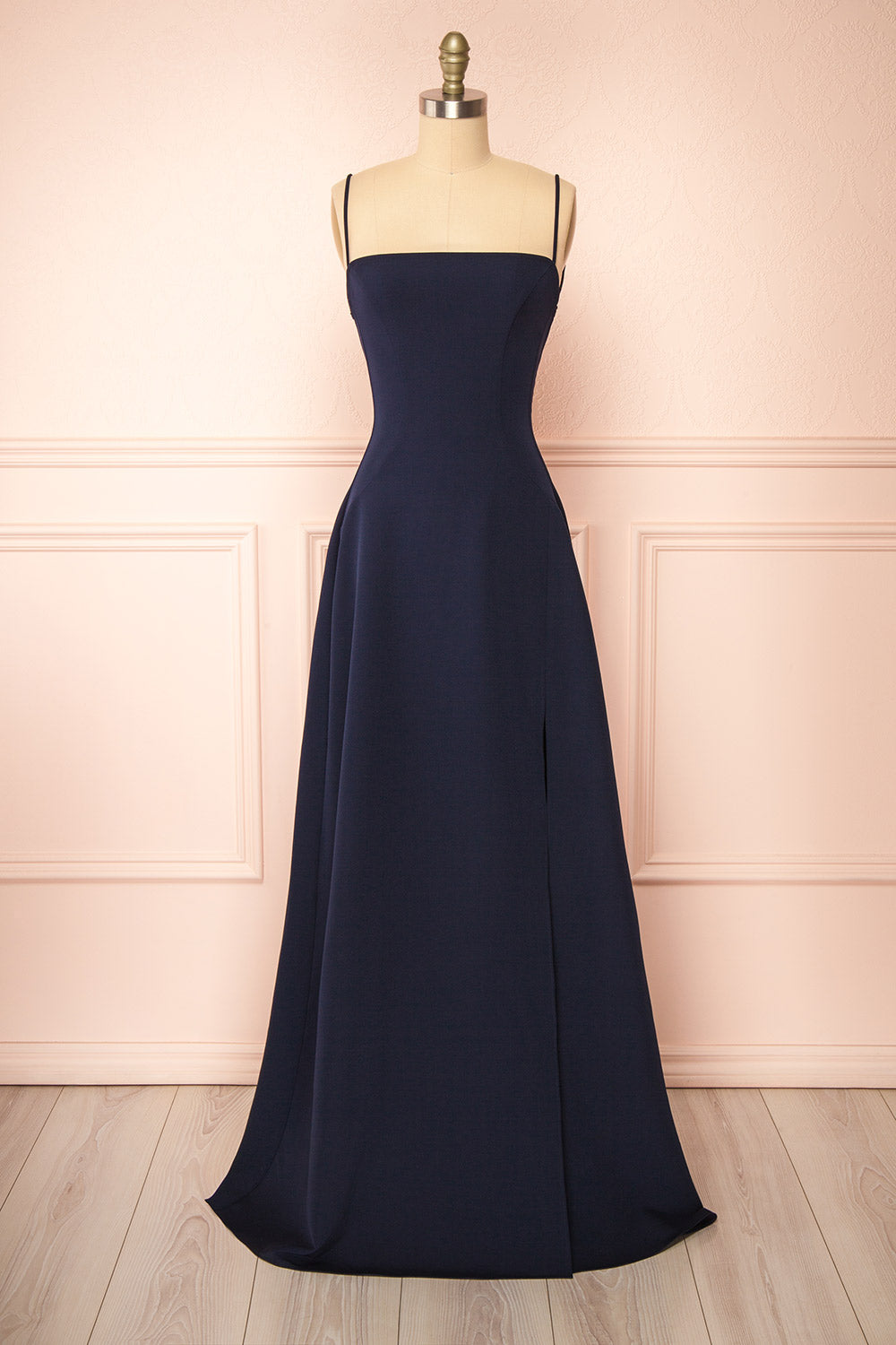 Izabella Navy A-line Maxi Dress w/ Open Back | Boudoir 1861 front view