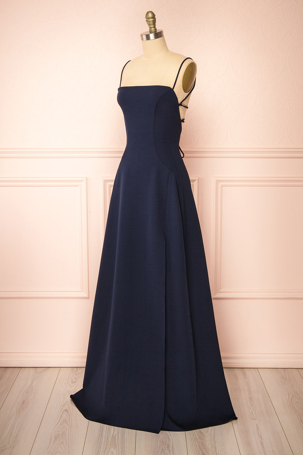 Izabella Navy A-line Maxi Dress w/ Open Back | Boudoir 1861 side view