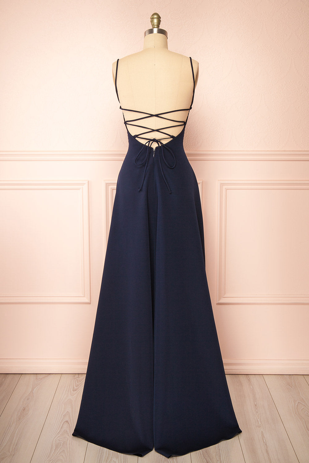 Izabella Navy A-line Maxi Dress w/ Open Back | Boudoir 1861 back view
