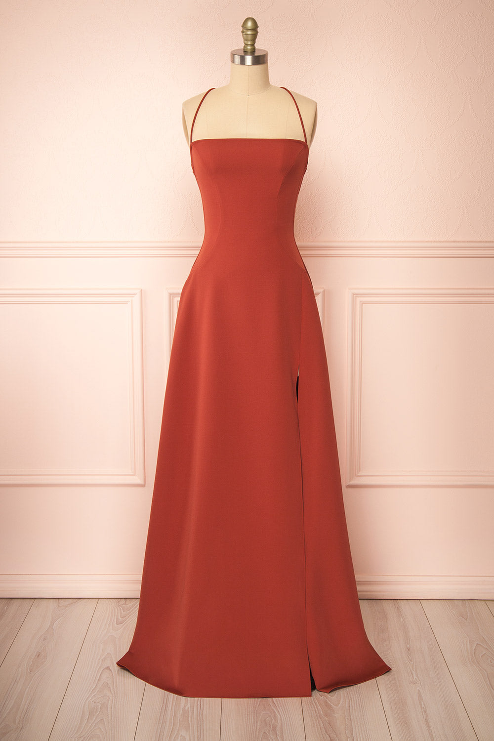 Izabella Rust A-line Maxi Dress w/ Open Back | Boudoir 1861 front view