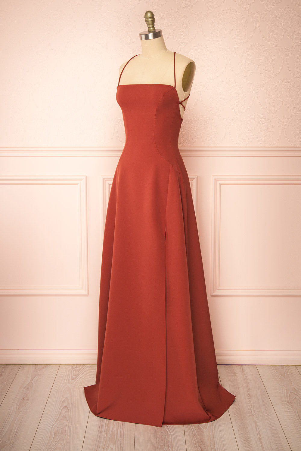 Izabella Rust A-line Maxi Dress w/ Open Back | Boudoir 1861 side view