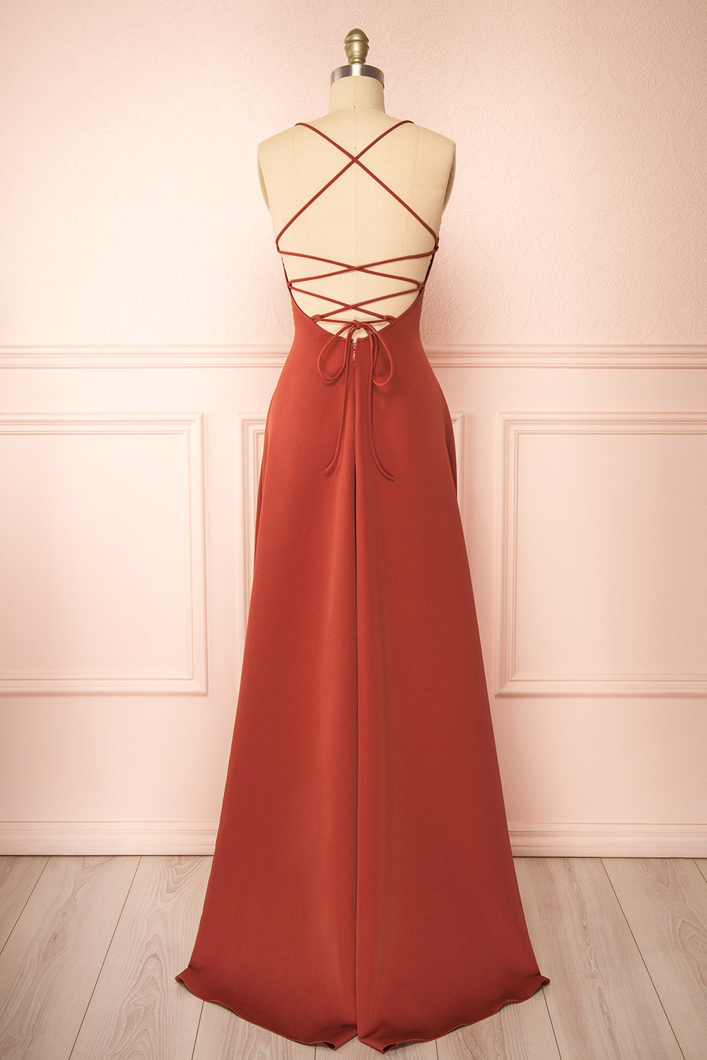 Izabella Rust A-line Maxi Dress w/ Open Back | Boudoir 1861 back view