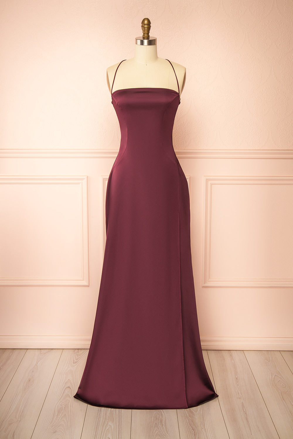 Izadora Burgundy A-line Maxi Dress with Open Back | Boudoir 1861 front view