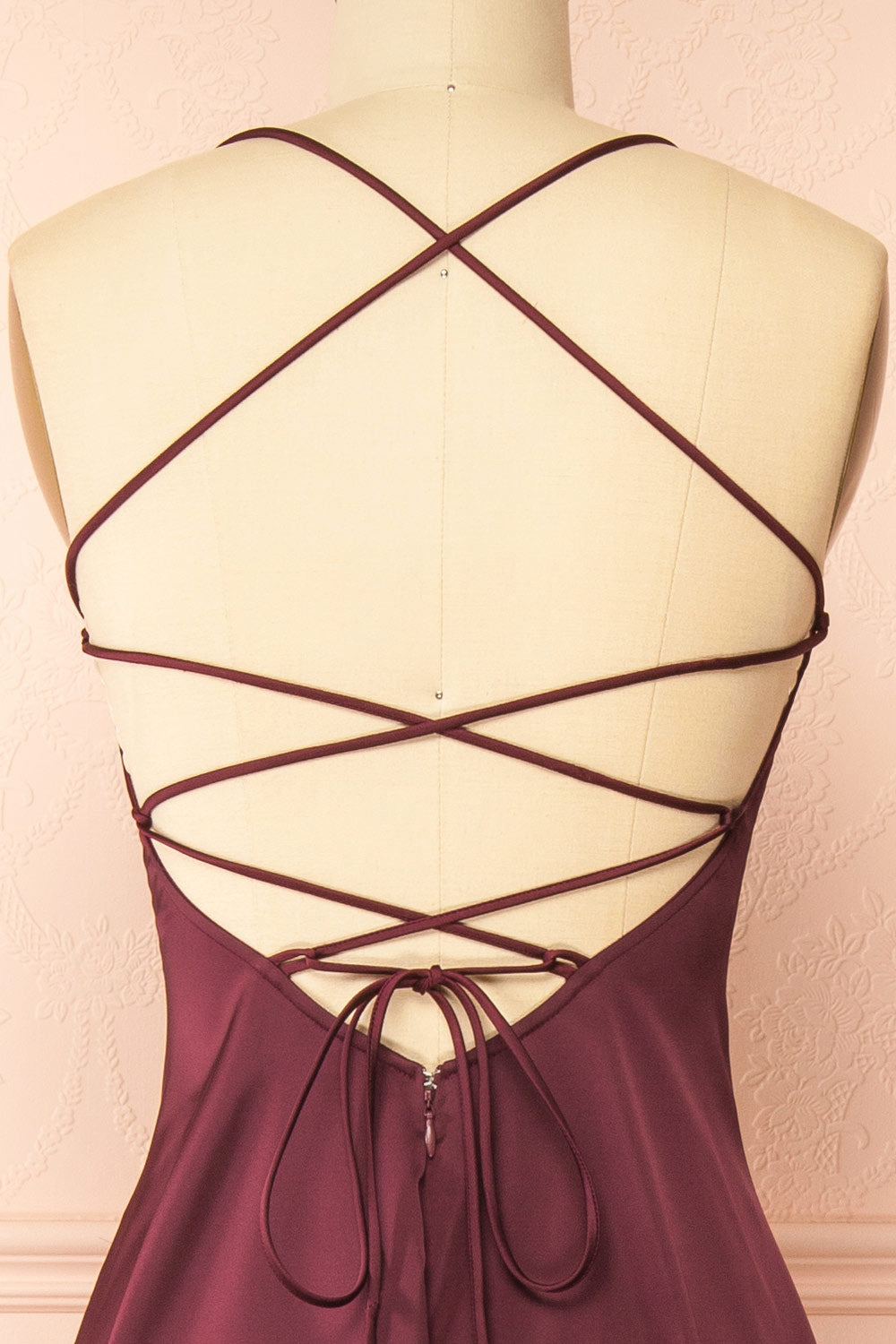 Izadora Burgundy A-line Maxi Dress with Open Back | Boudoir 1861 back