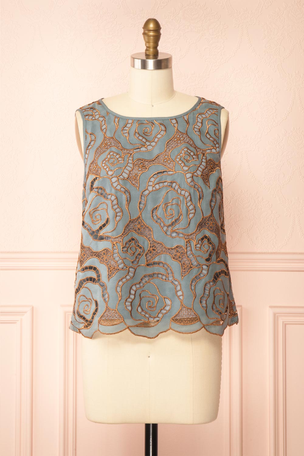 Jabirah | Blue Sleeveless Top with Copper-Toned Pattern
