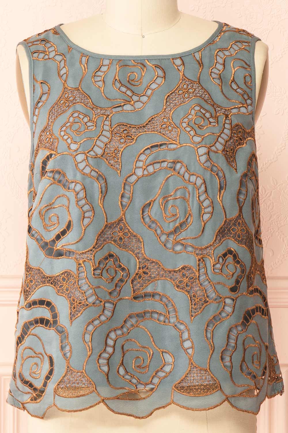 Jabirah | Blue Sleeveless Top with Copper-Toned Pattern