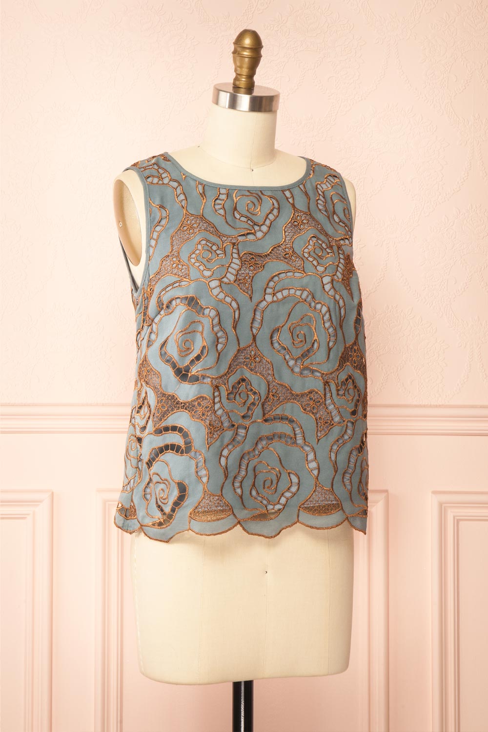 Jabirah | Blue Sleeveless Top with Copper-Toned Pattern