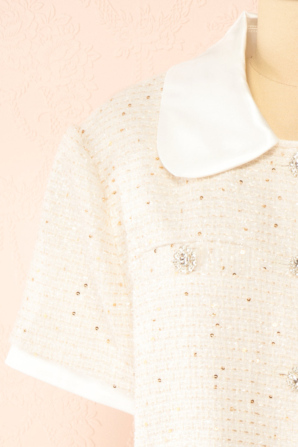 Jackilee Cropped Beige Tweed Top w/ Sequins | Boutique 1861 front