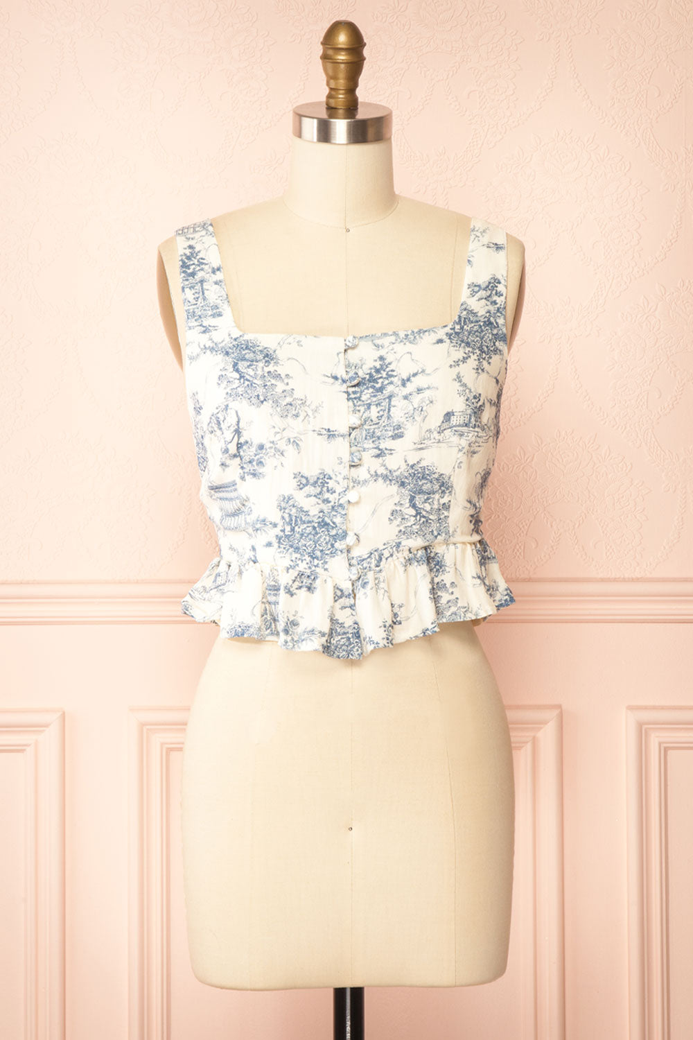 Jada | Blue French Toile Pattern Peplum Top | Front view