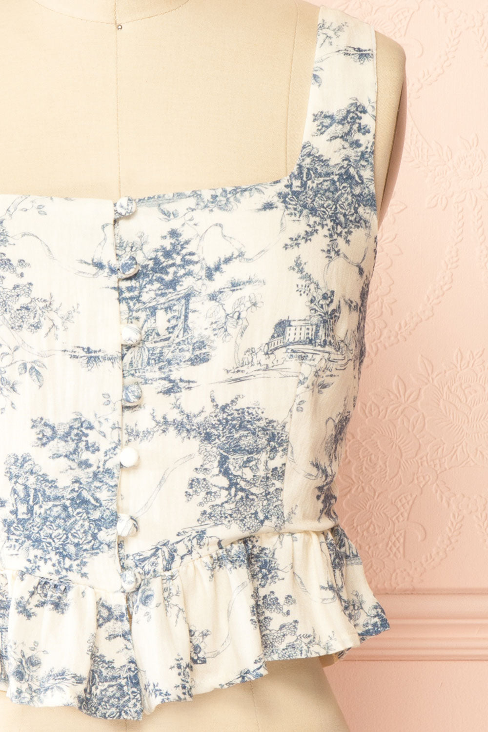 Jada | Blue French Toile Pattern Peplum Top | Front