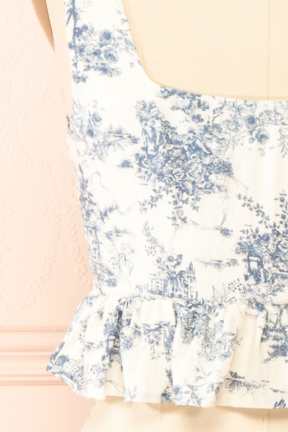 Jada | Blue French Toile Pattern Peplum Top | Back Ruffles