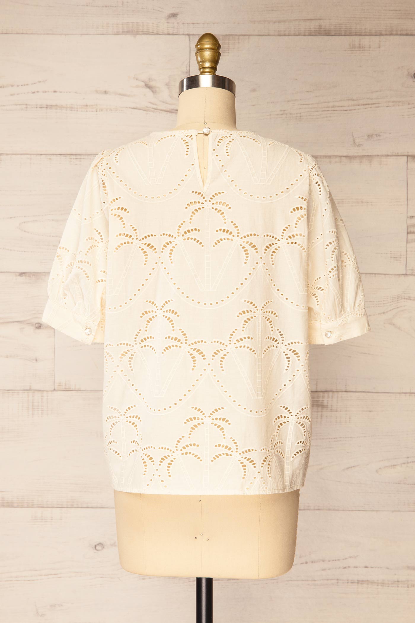 Backview Jadra Beige Palm Tree Eyelet Blouse with Cuffed Sleeves at la petite garçonne