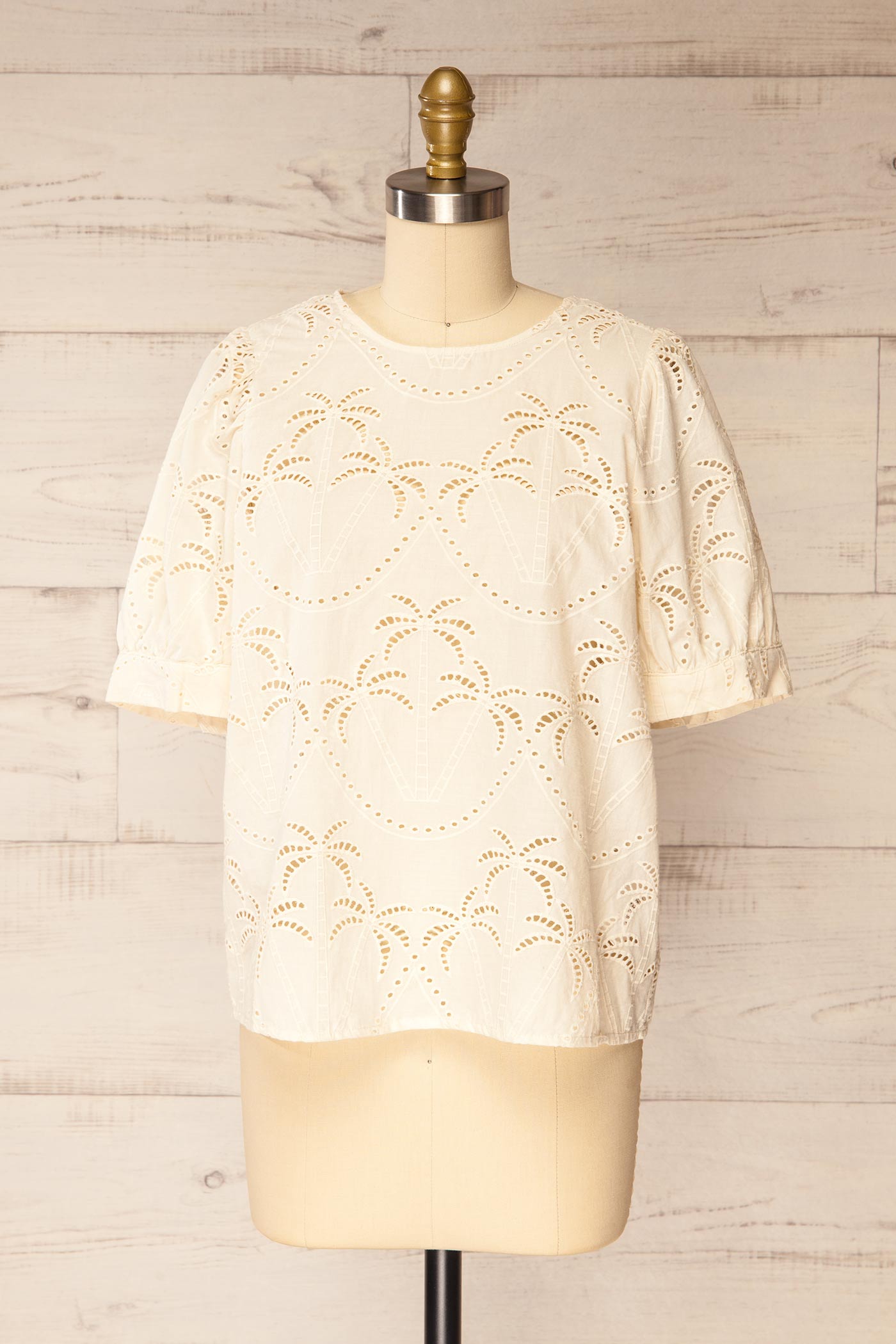 Frontview Jadra Beige Palm Tree Eyelet Blouse with Cuffed Sleeves at la petite garçonne