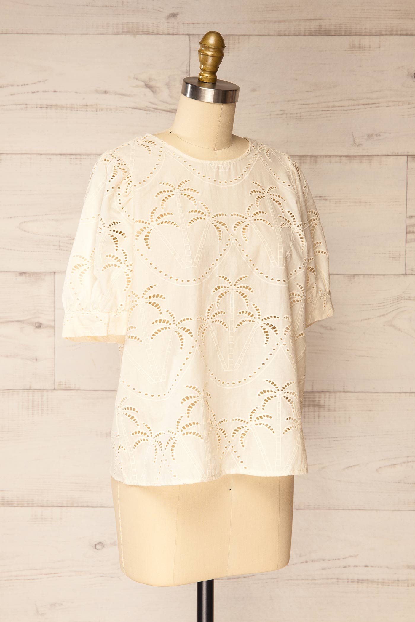 sideview Jadra Beige Palm Tree Eyelet Blouse with Cuffed Sleeves at la petite garçonne