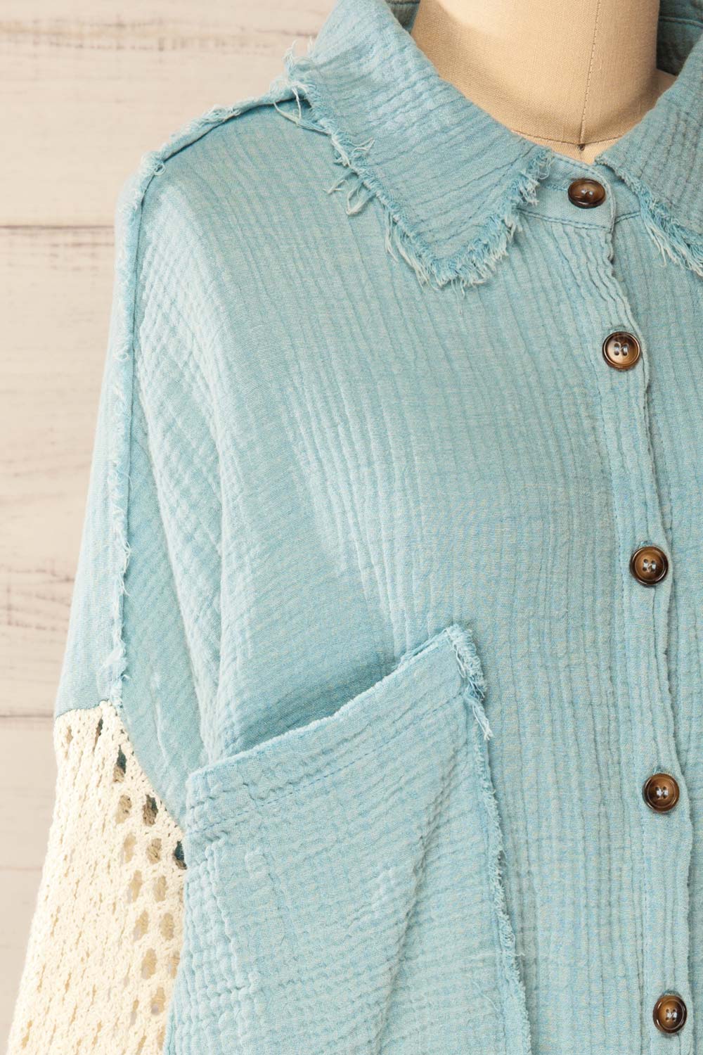 Jaipur Blue Oversized Shirt w/ Knit Sleeves | La petite garçonne side close-up