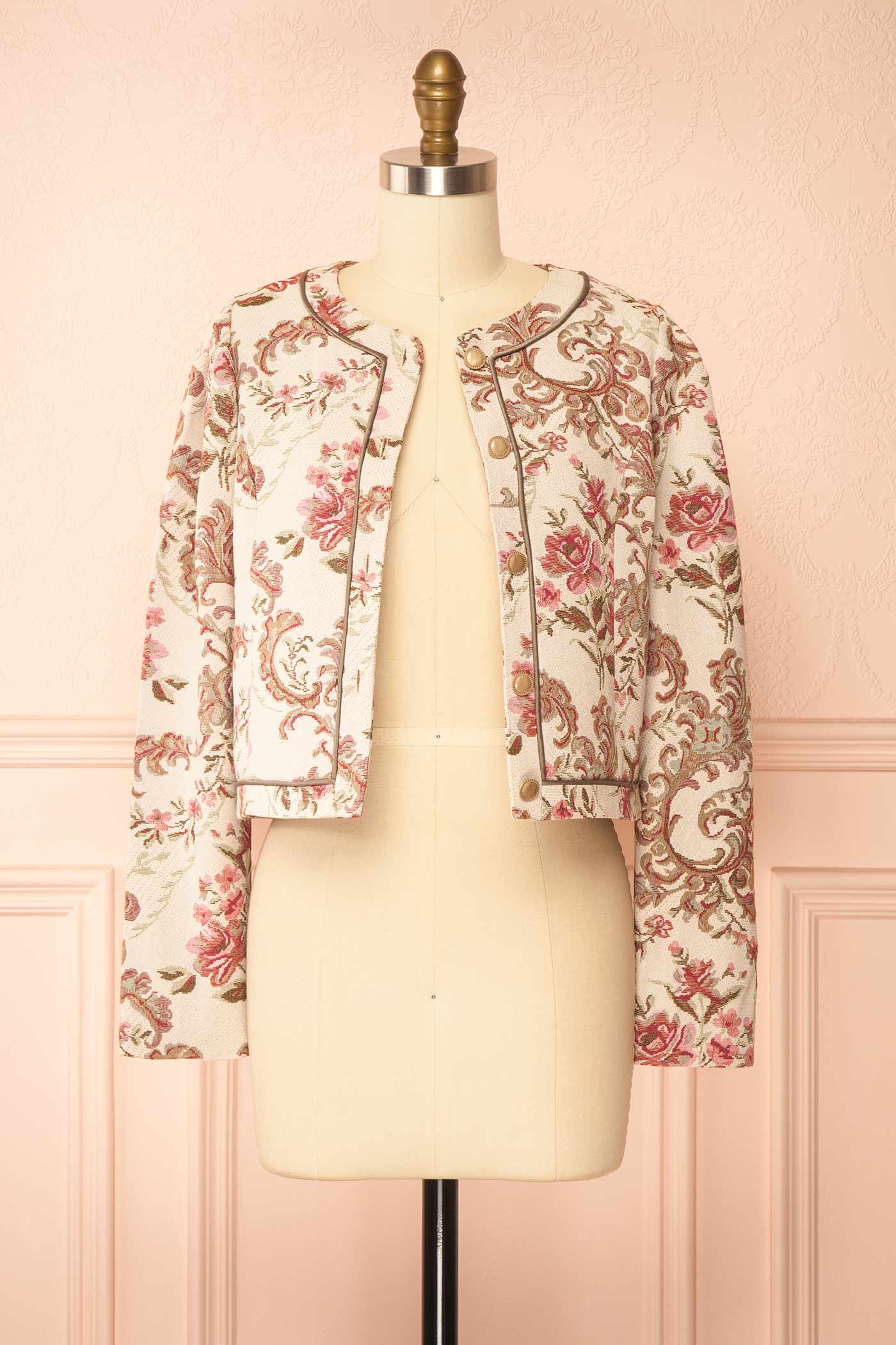 Jaliyah Ivory Floral Jacquard Jacket with Buttons and Pockets | Boutique 1861 open