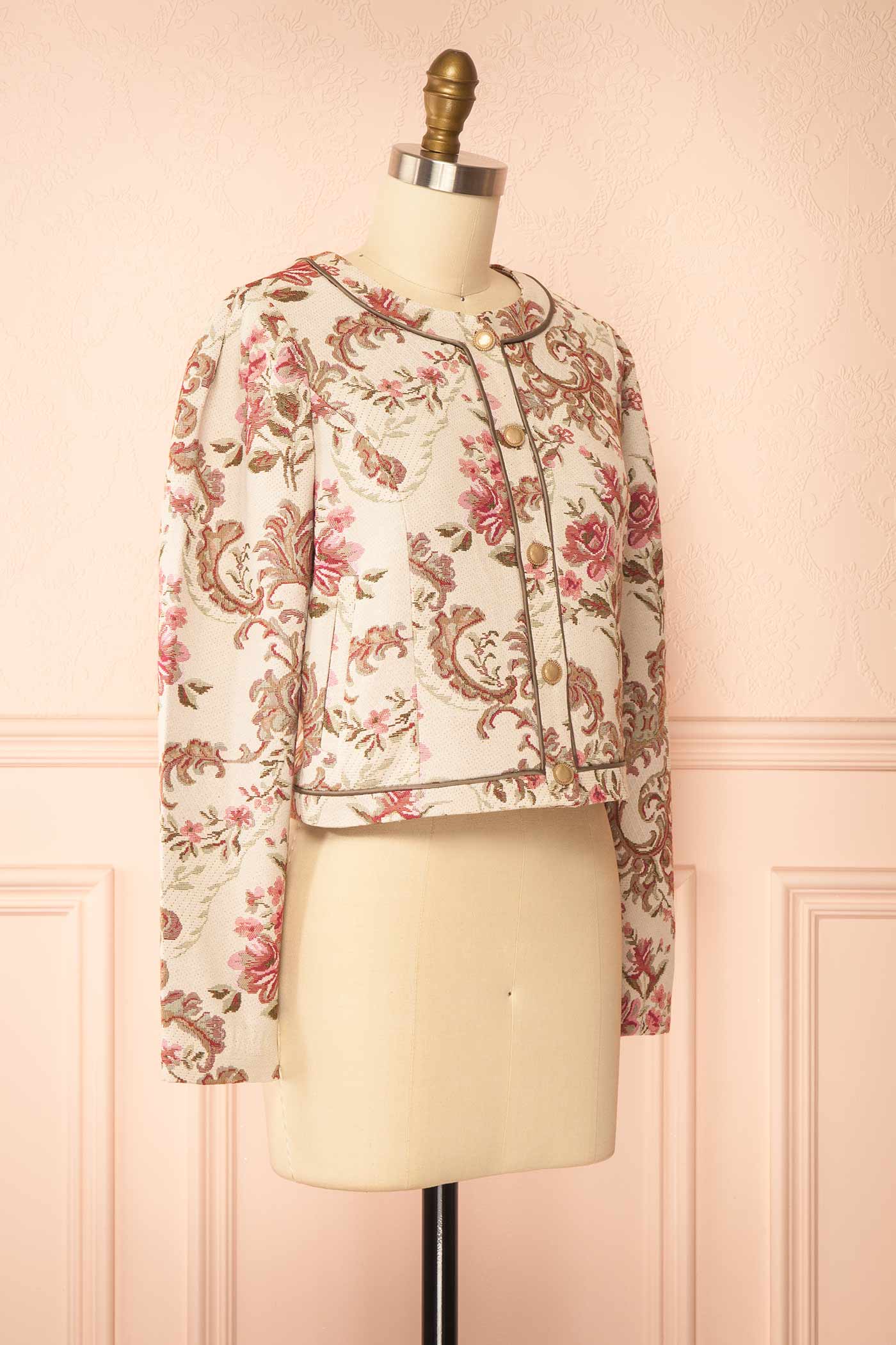 Jaliyah Ivory Floral Jacquard Jacket with Buttons and Pockets | Boutique 1861 side