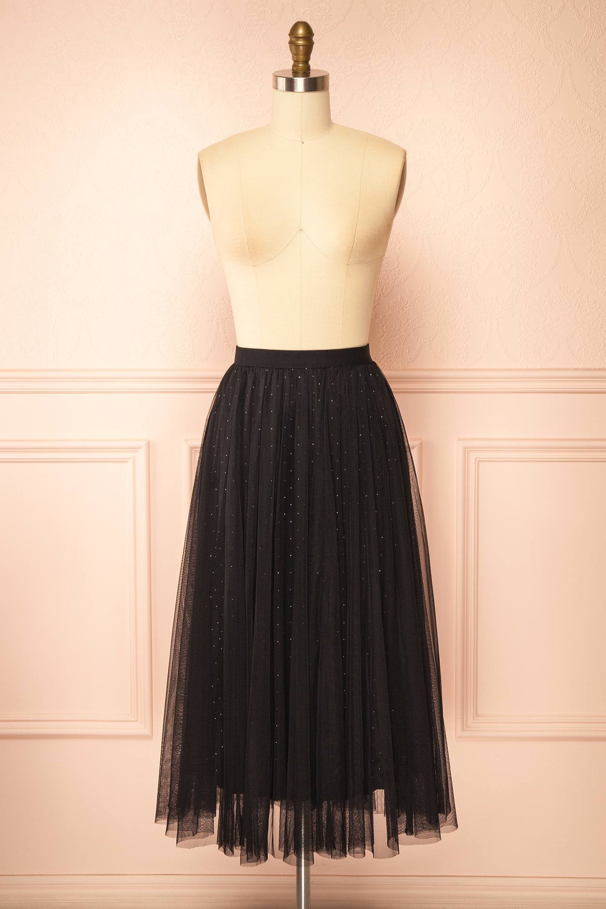 Front view of Jamina Black Long Pleated Tulle Skirt with Rhinestones at Boutique 1861