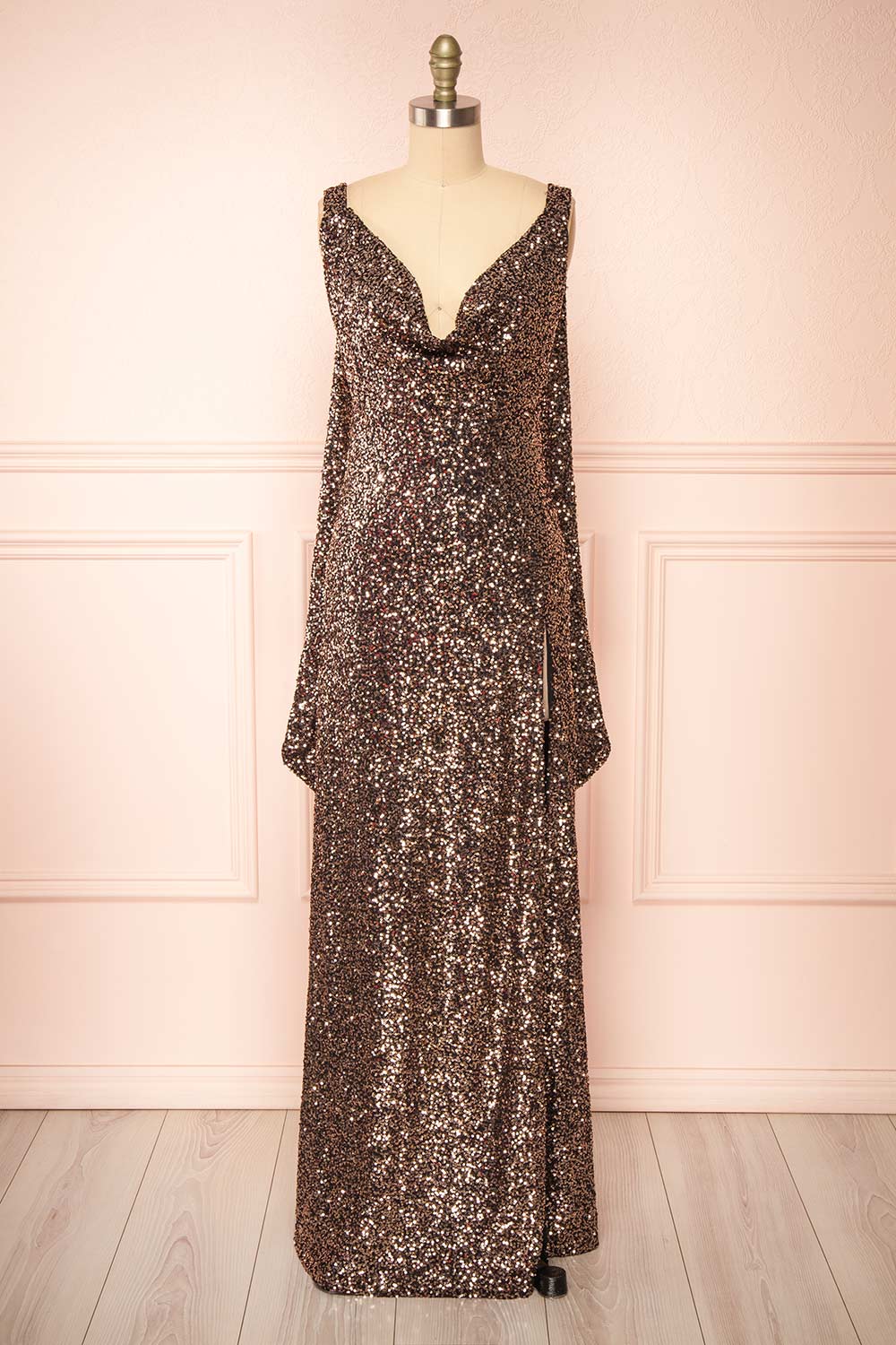 Janett Black Maxi Dress w/ Rosegold Sequins & Slit | Boutique 1861 front view