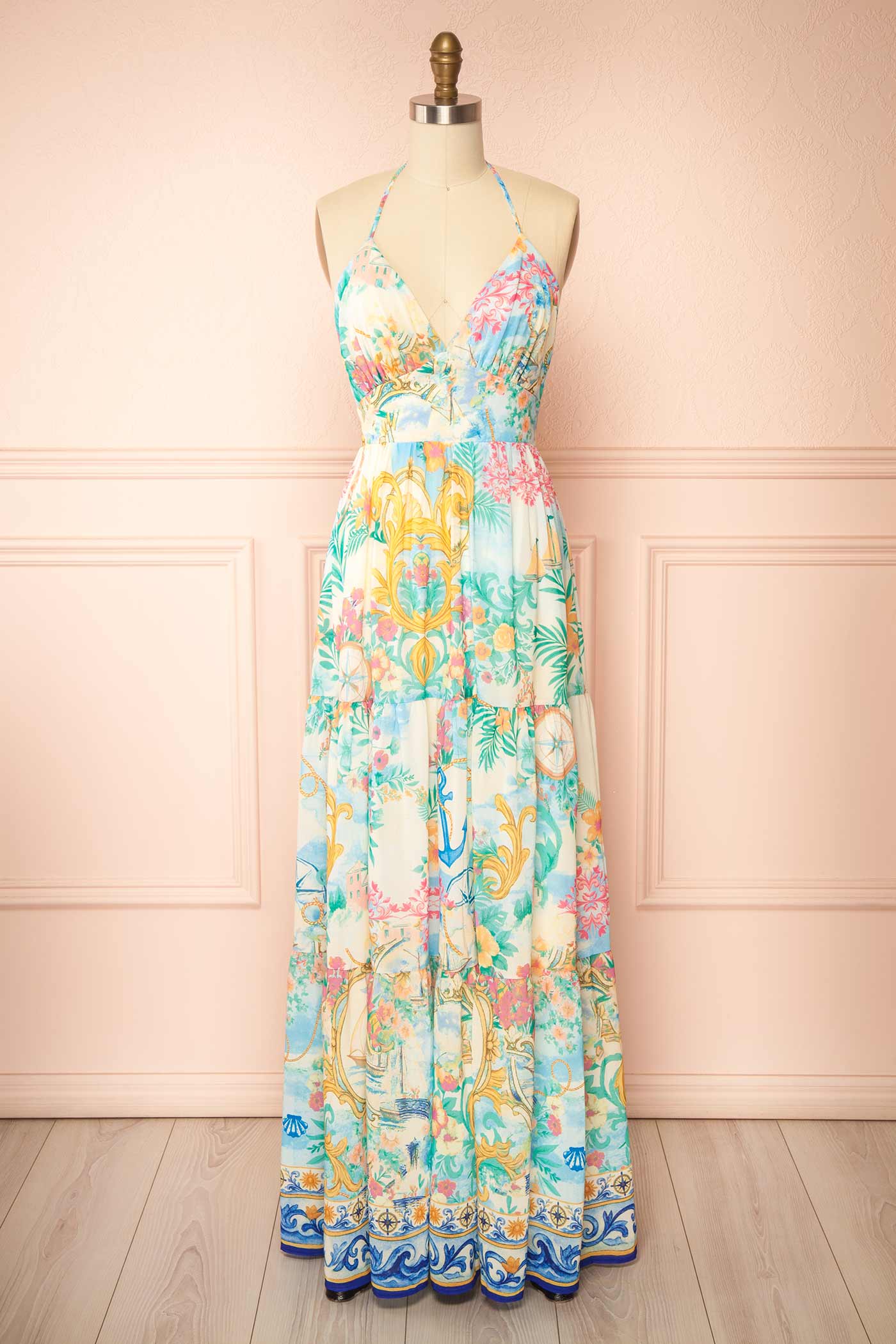 Front view Janey Mediterranean Print Halter Maxi Dress with Open Back at la boutique 1861
