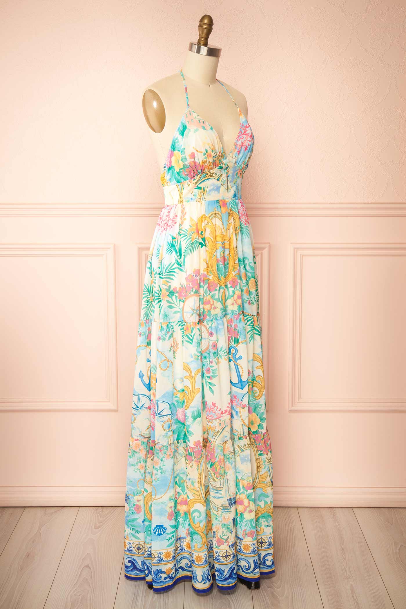 Profile view Janey Mediterranean Print Halter Maxi Dress with Open Back at la boutique 1861