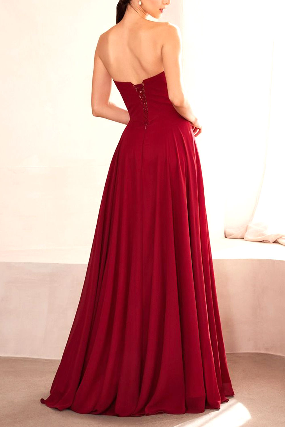 Person wearing Janie Burgundy Chiffon Maxi Dress with Neck Scarf from Boutique 1861 backview