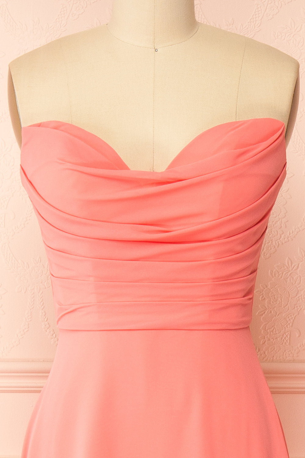 front of a sewing mannequin wearing Janie Coral Chiffon Maxi Dress with Sweetheart Neckline from Boutique 1861