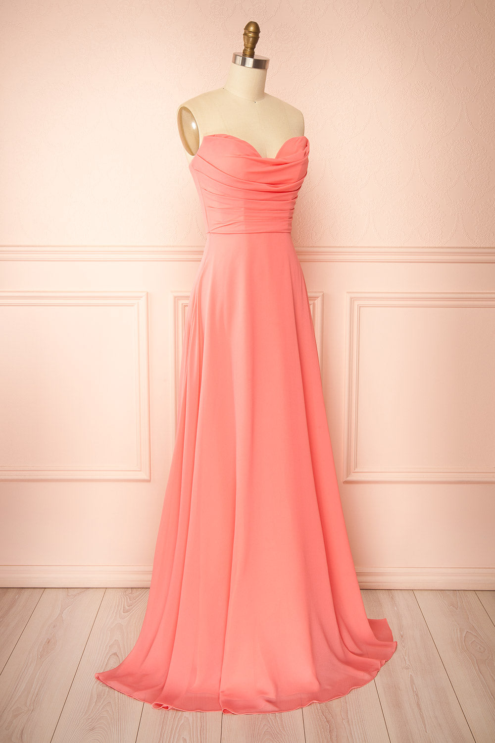 side view of a sewing mannequin wearing Janie Coral Chiffon Maxi Dress with Sweetheart Neckline from Boutique 1861