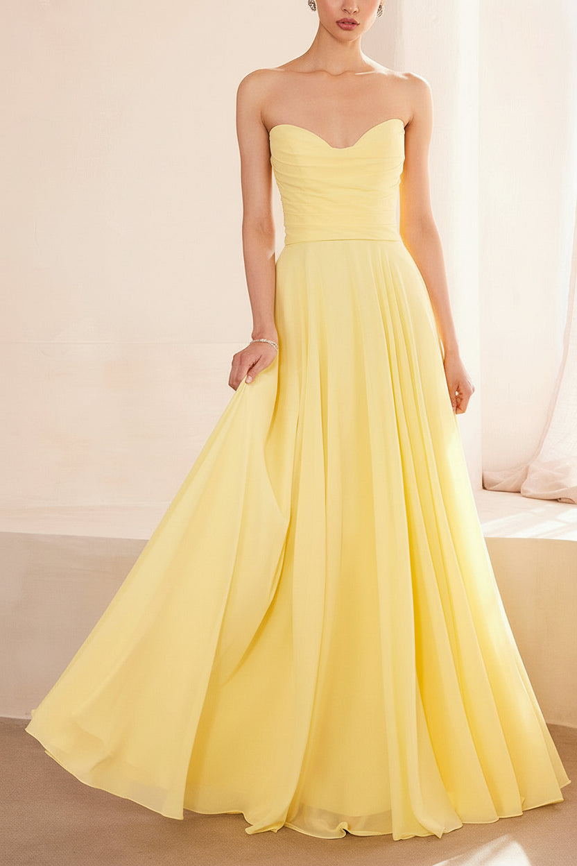 Janie Light Yellow Chiffon Maxi Dress w/ Neck Scarf | Boutique 1861 model front