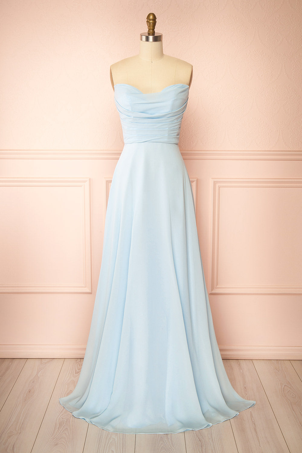front view of a sewing mannequin wearing Janie Light Blue Chiffon Maxi Dress with Sweetheart Neckline from Boutique 1861