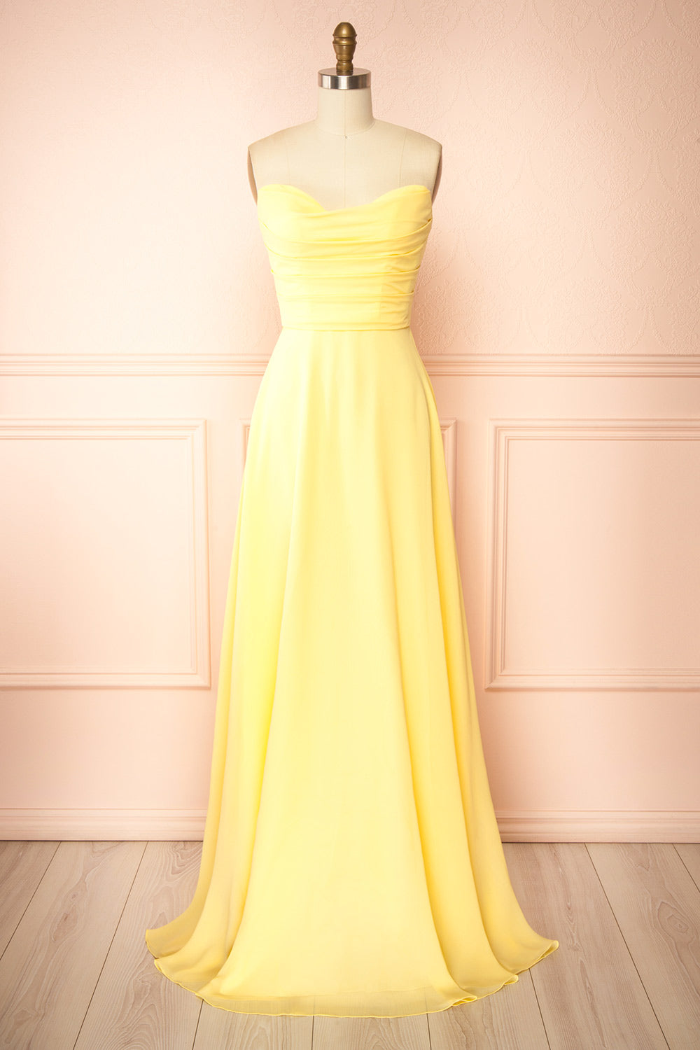 Janie Light Yellow Chiffon Maxi Dress w/ Neck Scarf | Boutique 1861 front view