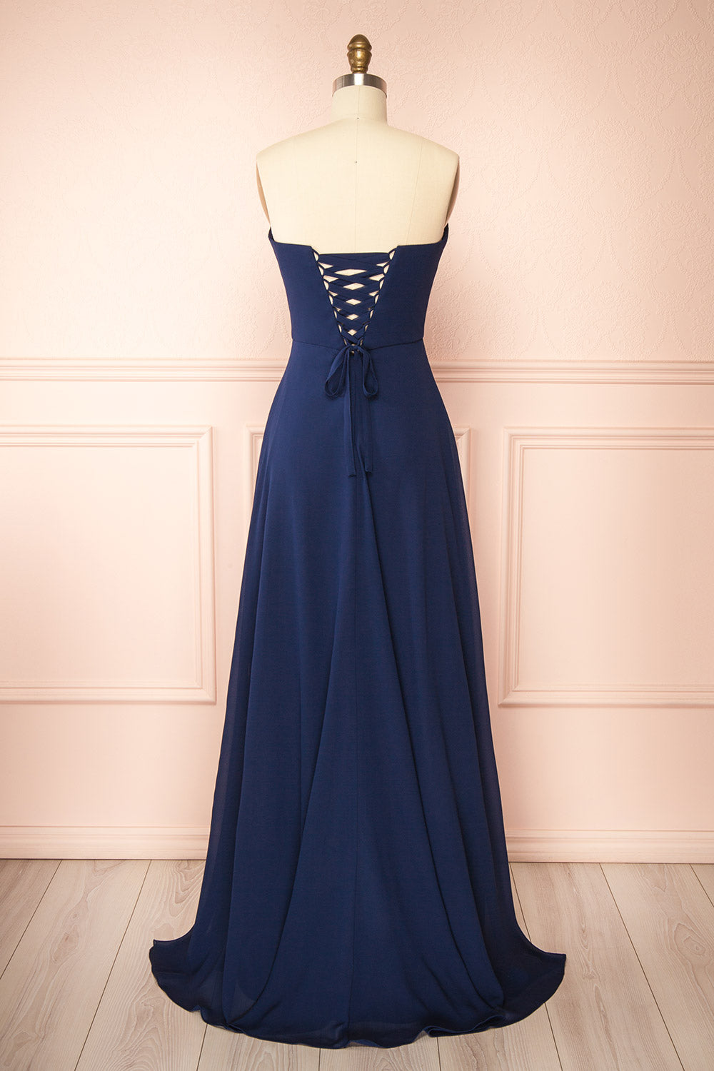 Janie Navy Chiffon Maxi Dress w/ Neck Scarf | Boutique 1861 back view