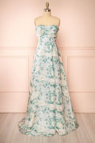 Janine Light Blue Strapless Floral Maxi Dress | Boutique 1861 front view