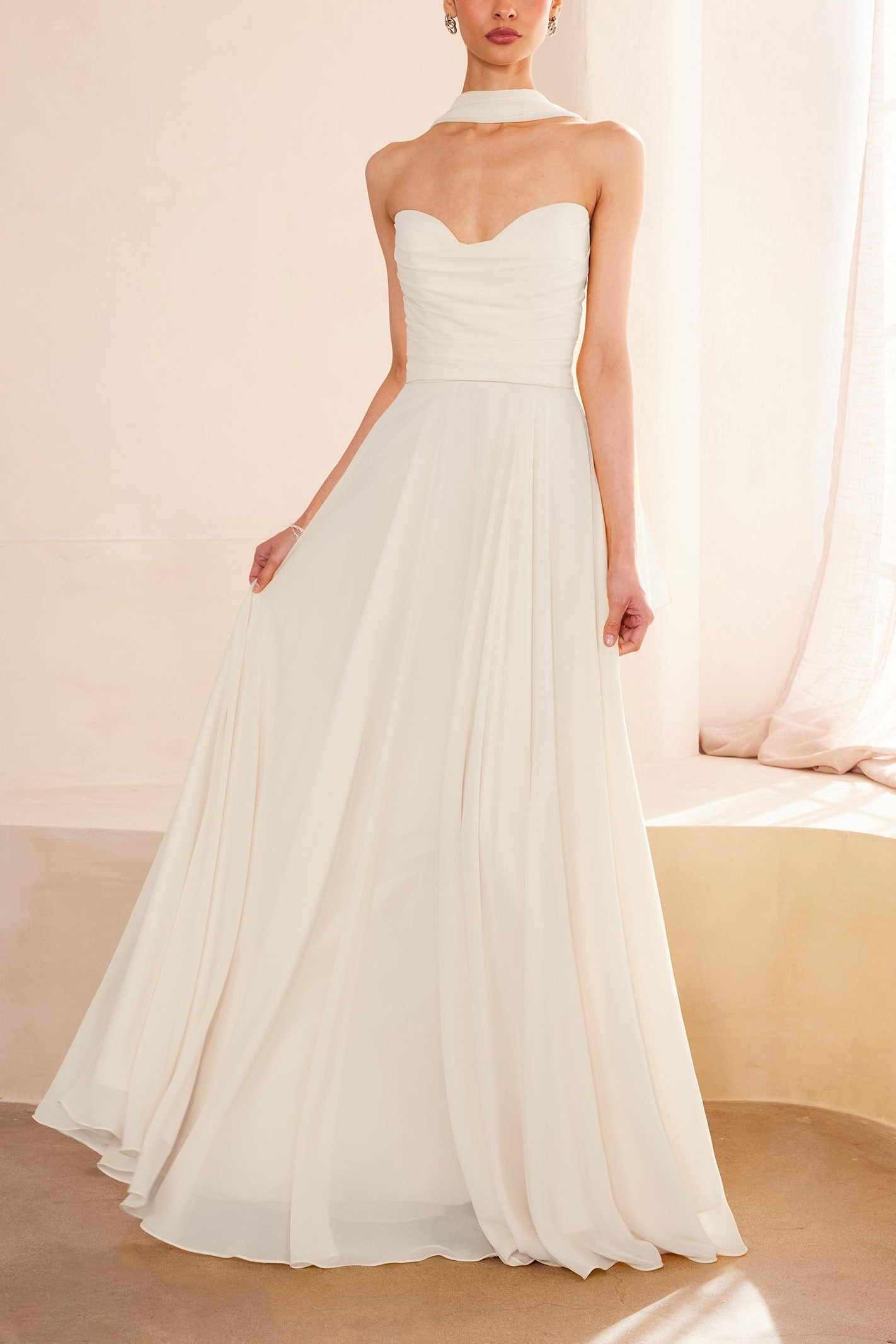 Jannah Chiffon White Maxi Bridal Dress with Neck Scarf | Boudoir 1861 model